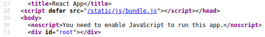 codice sorgente di una pagina web dove si trovano solo pochissime righe: il bundle.js e il messaggio visto nel precedente screenshot